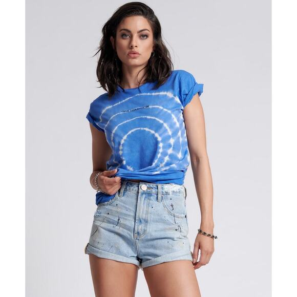 ONE TEASPOON Blue Hand Dyed Logo Organic Crew Tee Shirt Size Medium NWT - Picture 1 of 6